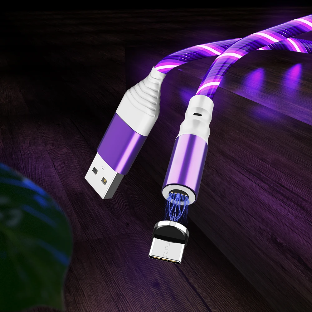 purple Течёт светодиодный индикатор передачи данных Магнитный зарядный кабель 1 м Магнитный кабель usb type C кабель Micro USB кабель для iphone - Цвет: purple