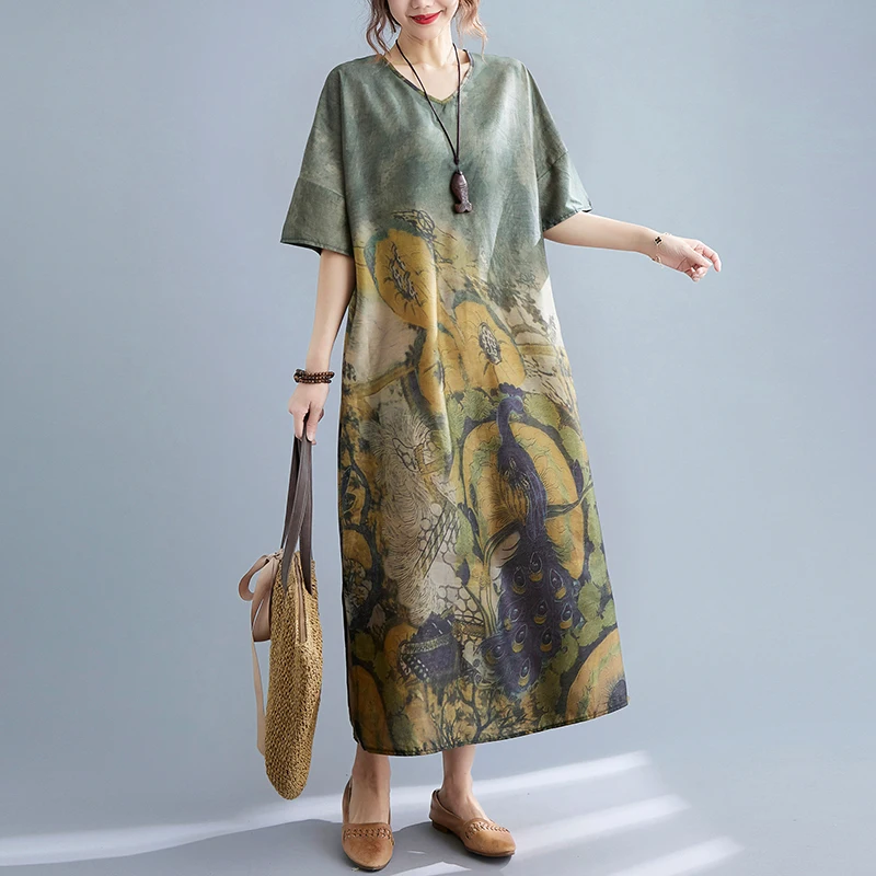 

2023 New Arrival Thin Soft Loose Summer Dress Print Floral Vintage Sundress Women Holiday Travel Casual Beach Dress