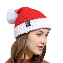 Женская зимняя вязаная Рождественская шапка Санты с помпоном Красная белая вязаная шапка с манжетой 35EF
