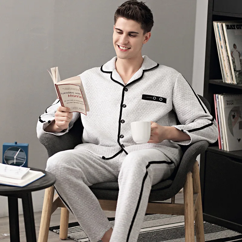 Men Pajamas Set Winter Luxury 100% Cotton Soft Thicken Homewear Warm Sleepwear Pyjama Set Plus Size Thermal Home Clothing