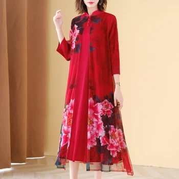 

Vintage Dress Plus Size Autumn Stand Collar Printed Miyake Pleated Elastic Loose Faux Two Piece Dress For Women 45-75KG