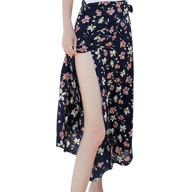 Chic Floral One-piece Chiffon Long Beach Skirt Side Split Lace Up Skirt Summer Women Floral Printed High Waist Casual jupe femme