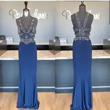 Женское платье для выпускного вечера с v-образным вырезом, синее платье без рукавов с кристаллами, вечернее платье vestido gala manga comprida For Blue длинное вечернее платье, новинка