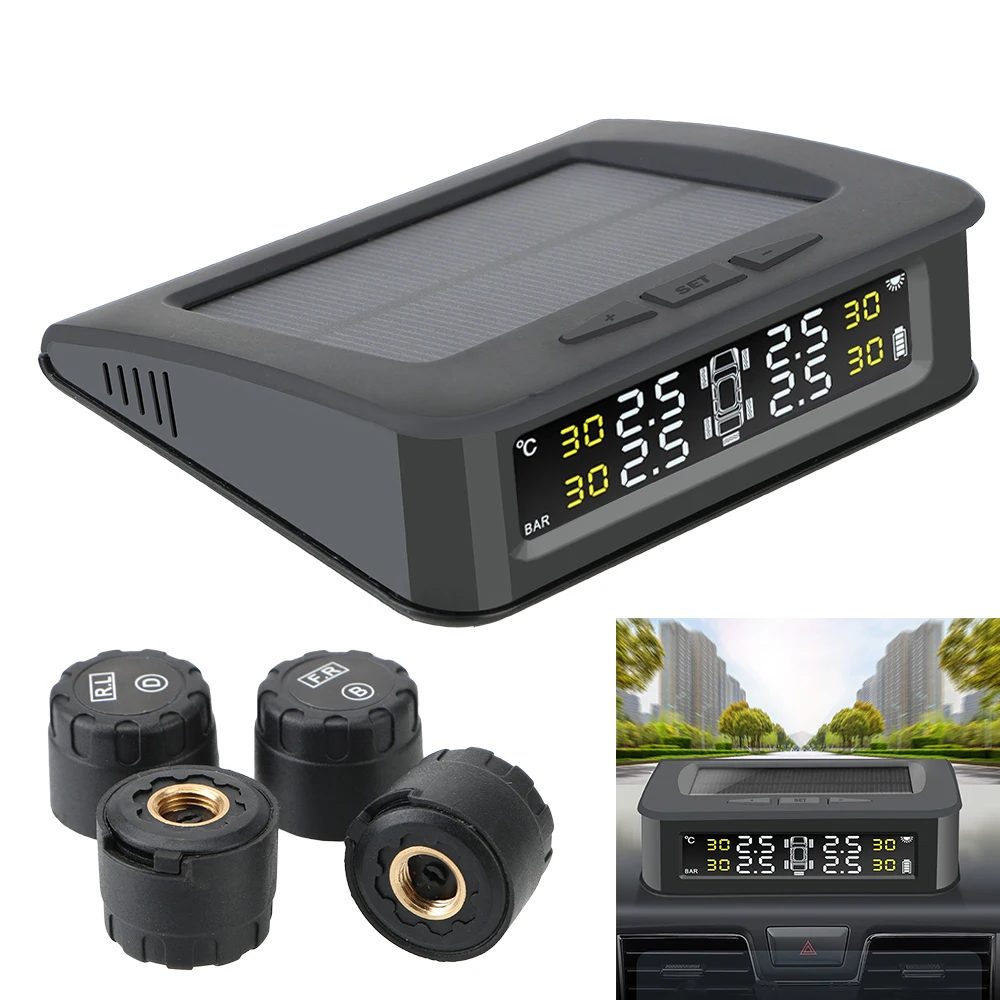 

Waterproof Solar Charge TPMS 5 Tire External sensors Car Tire Pressure Alarm Monitor System Display Pressure Control Warning