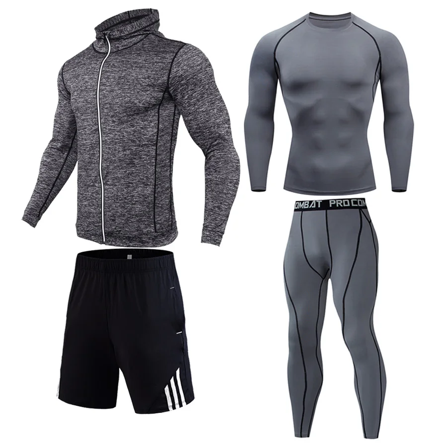 

Men's compression suit Running tights 4 piece suit Gym clothing Cycling Tracksuit base layer Sport hoodie Fitness training kit