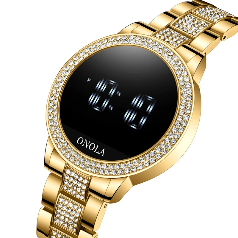 Fashion full diamond touch screen Led display ladies waterproof steel band quartz movement electronic watch business watch