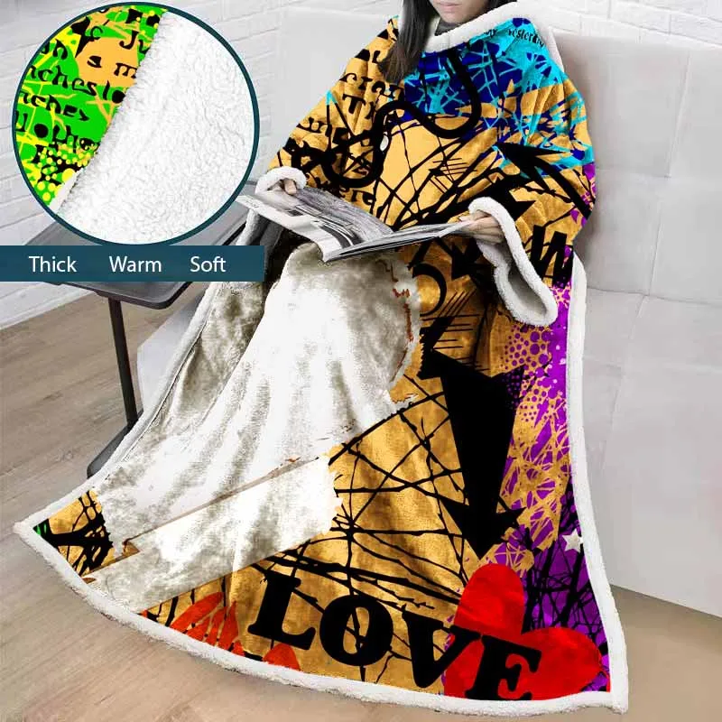 

Lannidaa Psychedelic LOVE Throw Blanket Cartoon Plush Blanket Wearable Warm Sleeves Sofa Bed TV Blankets Travel Office Nap Throw
