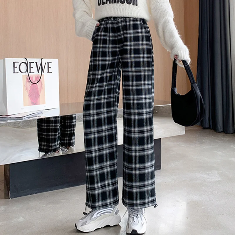 

2020 Early Autumn Leisure Trousers Fashion Black and White Plaid Pants Casual Loose High Waist Straight Wide-legged Pants