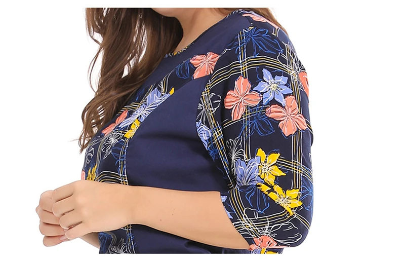 Summer Women Floral Print Dress Europe Large Size Female Dresses Casual Blue Spliced Woven Garments Half Sleeve O-Neck Lady