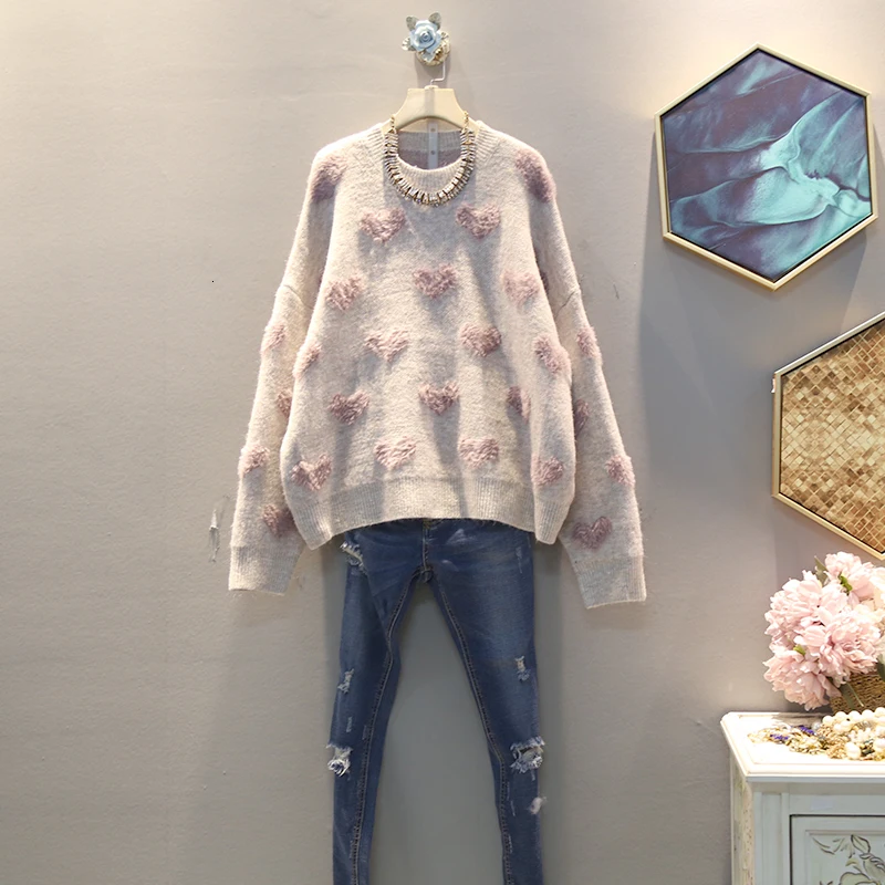 [EWQ] осень зима узор круглый воротник длинный рукав принт Вязание уличная одежда свитер Женская мода прилива AH82014 - Цвет: lilac