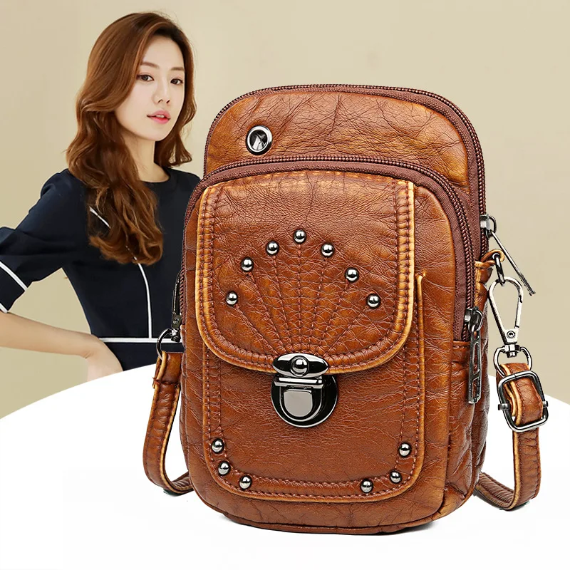 2016 women box style rivet PU Leather Shoulder handbag messenger phone purse Bag 