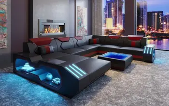 

2020 Hot sell living room leather U shape sofa with LED light & USB