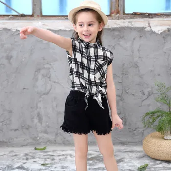 

Girls clothing sets 2020 Summer Casual Girl Plaid T-shirts + pants 2pcs Suits 3 9 10 years Teenagers Kids Clothes