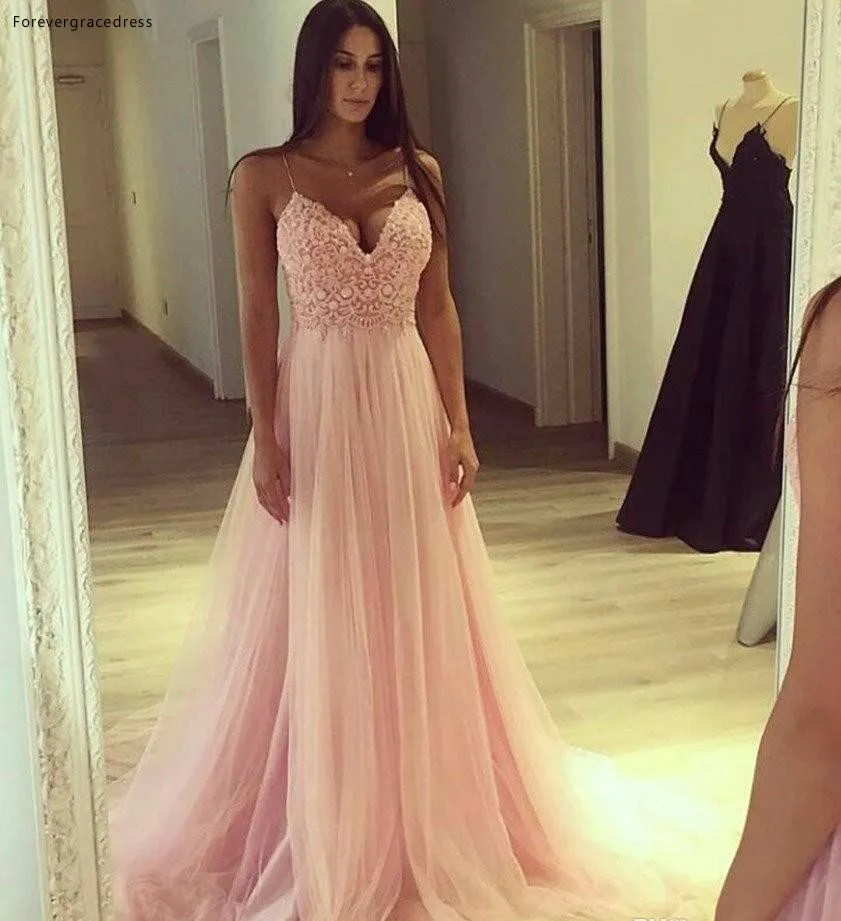 

2019 Pink Long Prom Dress Spaghetti Straps Tulle Applique Lace Formal Holidays Wear Graduation Evening Party Gown Plus Size