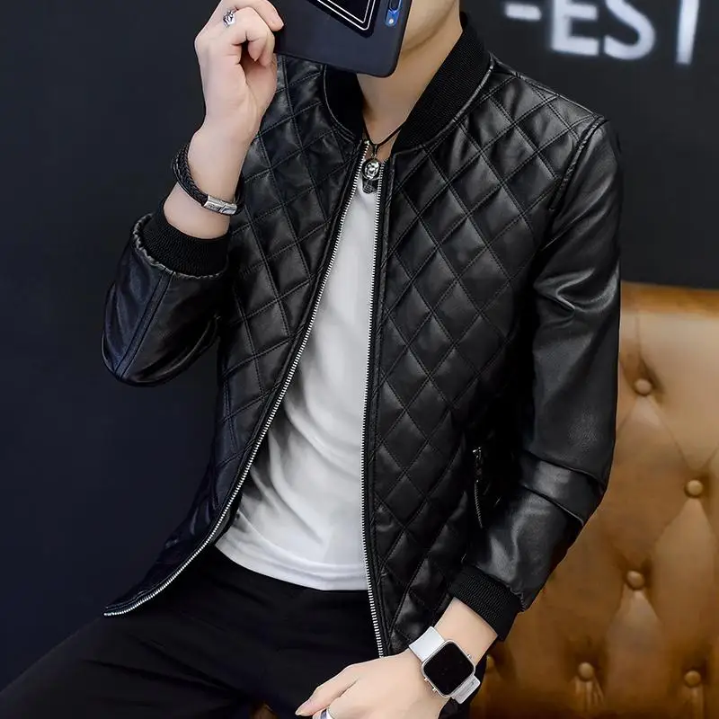 Motorcycle Leather Jackets Men's Autumn And Winter Coat Youth Plus Cotton Plus Velvet Thick Section Slim Pu Leather Jacket - Цвет: Черный