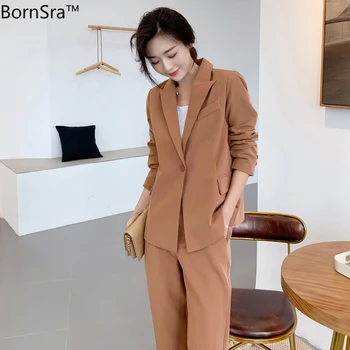 

BornSra Women Pant Suits Single-button Blazer Jacket & Ankle-length Pant Workwear Female Blazer Suits 2 Pieces Set 2019 Autumn