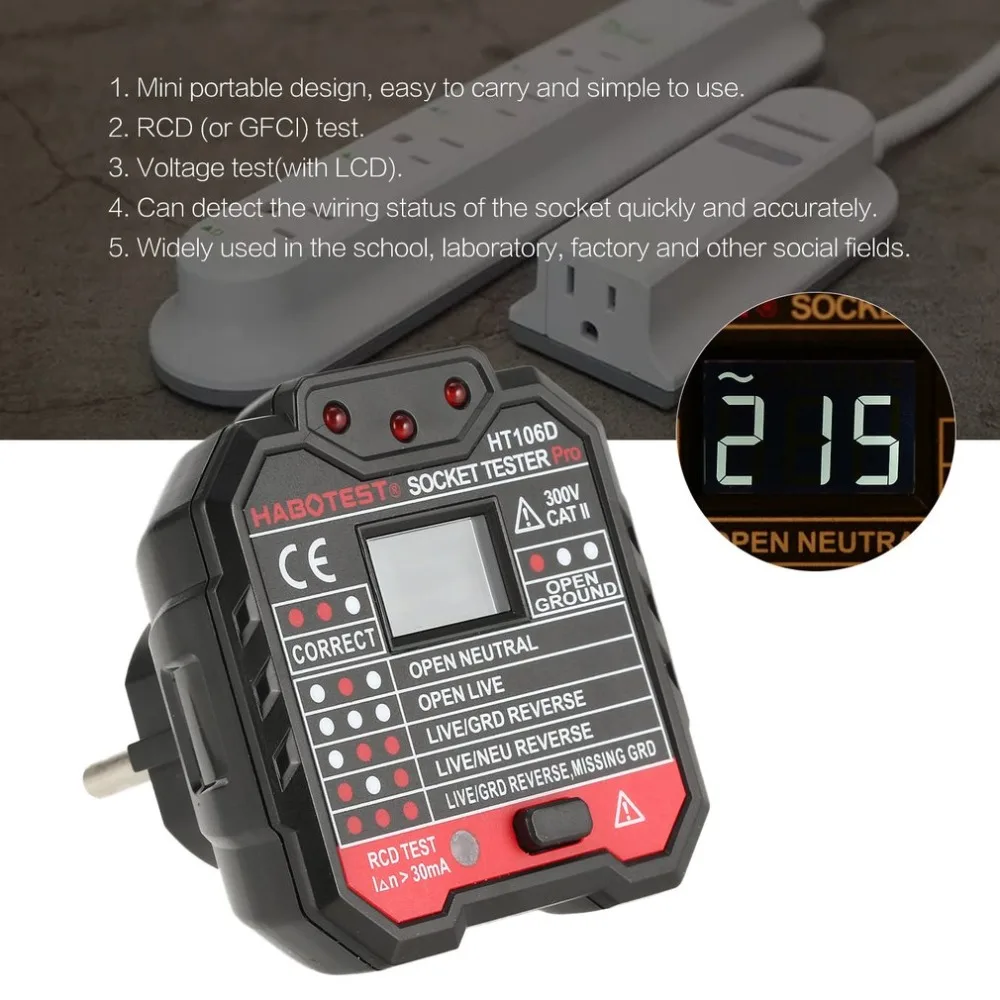 

HT106D Socket Testers Voltage Test Socket detector EU Plug Ground Zero Line Plug Polarity Phase Check