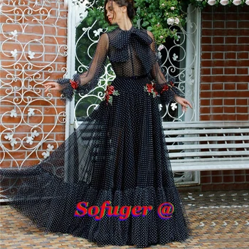 

Black Fashion Tulle Evening Dresses Puffy Sleeves Prom Pleat Bow Africal Saudi Arabic Special Dubai Formal Robe De Soiree
