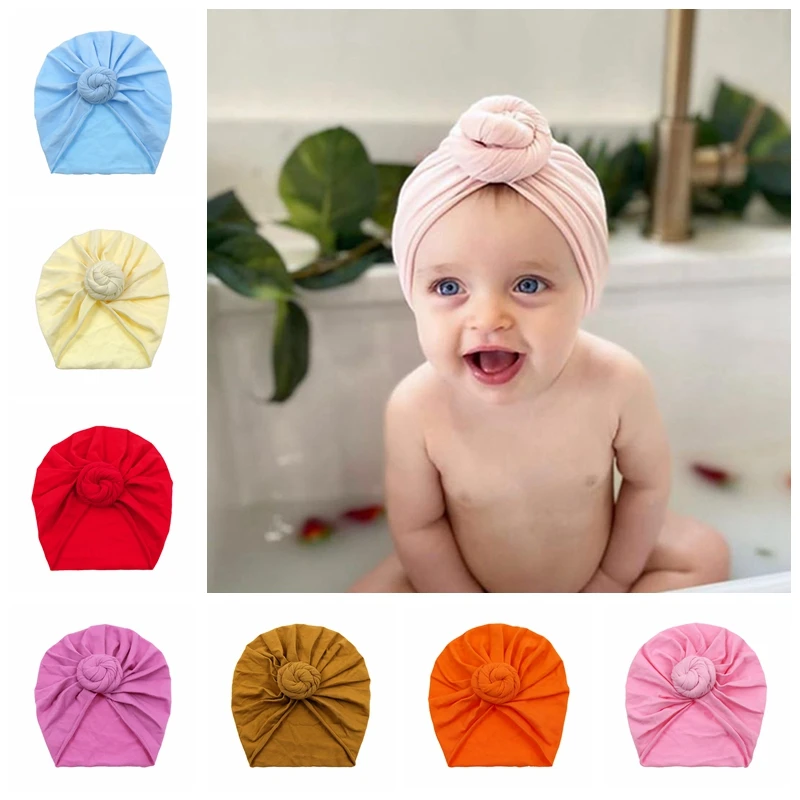 

16*17 CM Infant Soft Comfortable Cotton Indian Hats Solid Color Handmade Knotted Newborn Caps Baby Hair Accessories Photo Props