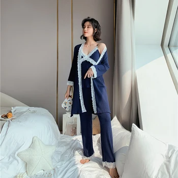 

2020 Pajamas Women Autumn Winter Long-Sleeved Home Wear Sexy Suspender Nightgown Three-Piece Long Sleeve Trousers Pajamas