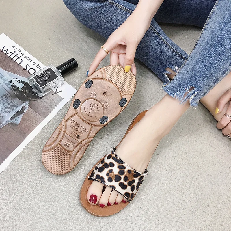 

2019 Slipper Women's Summer Outer Wear Bear Bottom plus Versatile Fashion Leopord Pattern INS Korean-style Flat Heel Anti-slip S