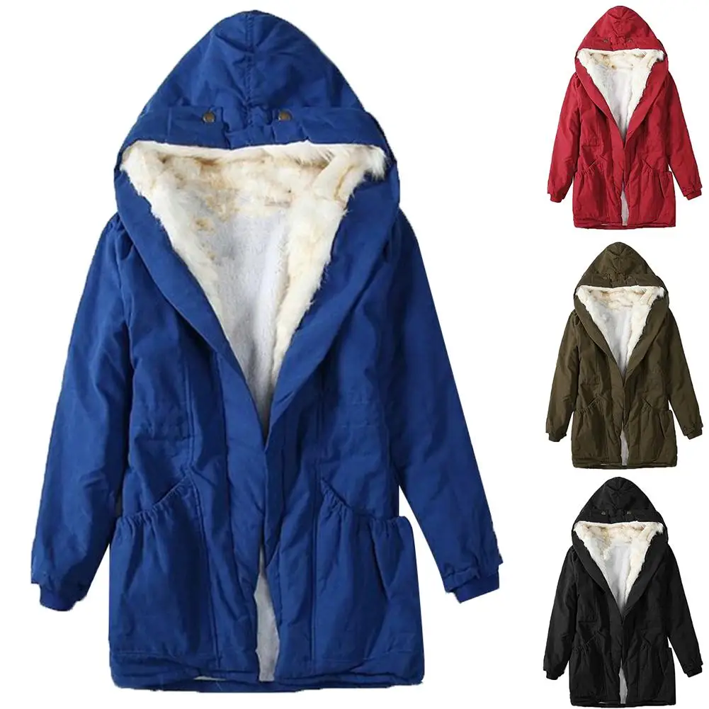 Thicken Winter Quilted Coat Women Long Sleeve Hoodie Paka Zipper Button Casual Women Outwear Warm Parka Fleece chaquetas