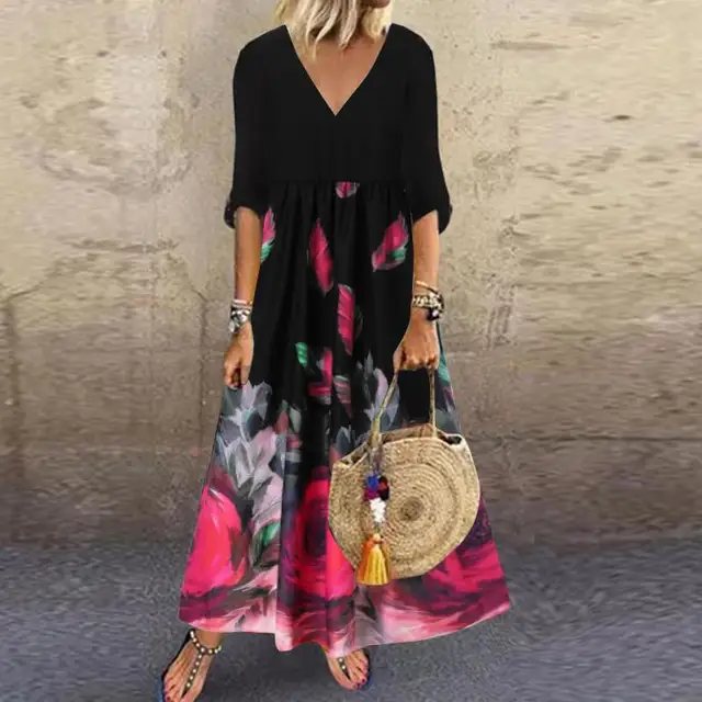 ZANZEA Fashion Summer Maxi Dress Women's Printed Sundress Casual Short Sleeve Vestidos Female High Waist Robe Femme D Red Polyester