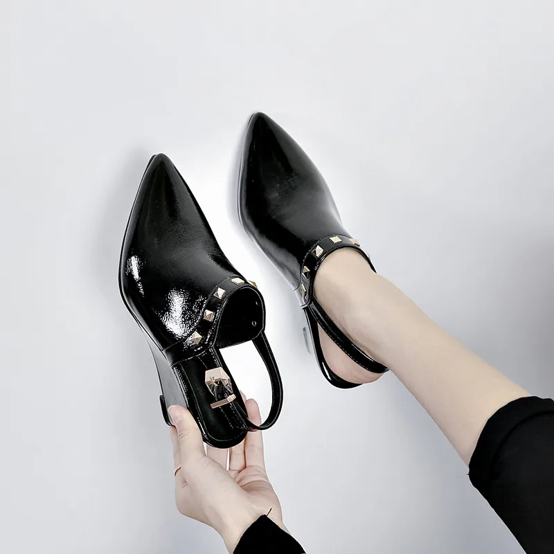 

2019 Fashion Wedges Slingbacks Buckle Strap Pointed Toe Black Office Career Rivets Ladies Shoes Summer High Heel Pumps