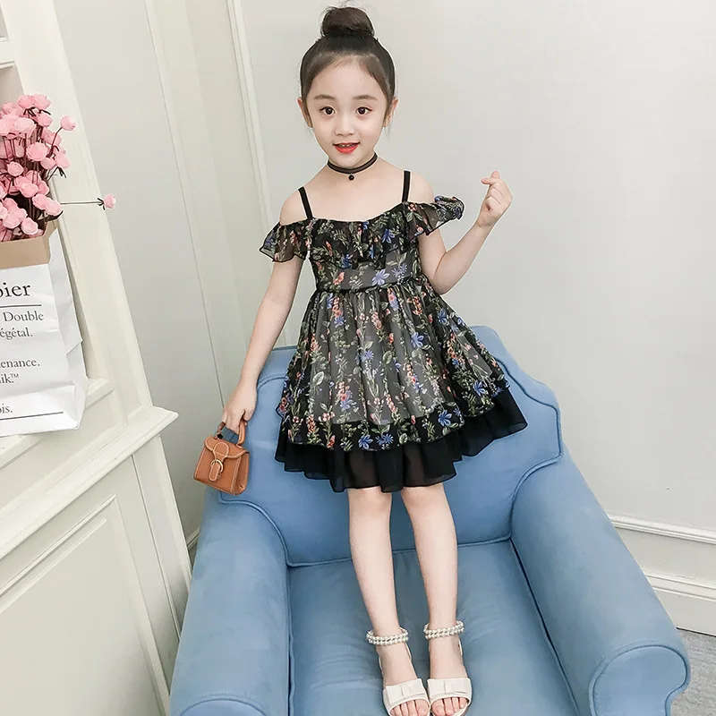 

Girls off-Shoulder Princess Dress 2019 Summer Western Style Children Shirt Strapped Dress Middle And Large Children Chiffon Flow