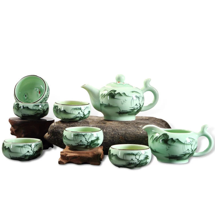 

Kung Fu Tea Have Suit Celadon Teapot Hand Relief Fish Teacup Yixing Fair Cup Tea Ceremony Cup Landscape Tea Set
