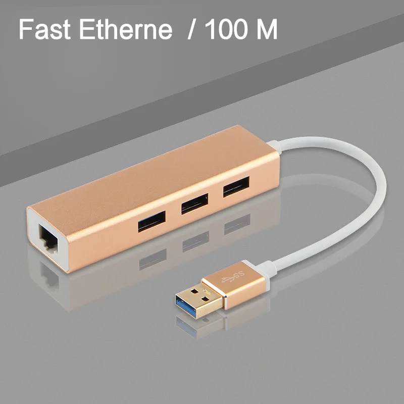 Ajiuyu USB концентратор USB 3,0 к Gigabit Ethernet адаптер RJ45 док-станция мульти порт для ПК компьютер ноутбук аксессуары usb3.0 концентратор - Цвет: Golden 100M Metal