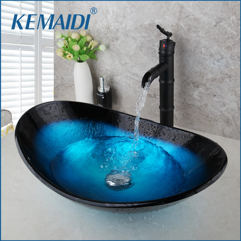 KEMAIDI Round Taps Bathroom Glass Basin Sink Faucet Vessel Drain Combo Set Counter Top Water Mixer Vanity Stream Spout | Обустройство