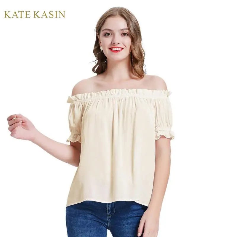 

Kate Kasin Women's Comfy Rayon Tops and Blouses Short Sleeve Off Shoulder Women Tops Renaissance Pirate Shirt Peasant Blouse