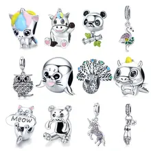 BISAER, 925 пробы, Серебряный Кот, фламинго, сова, птицы, бусины, животные, единорог, Подвески, подходят для шармов, серебро 925, оригинальное Изготовление ювелирных изделий