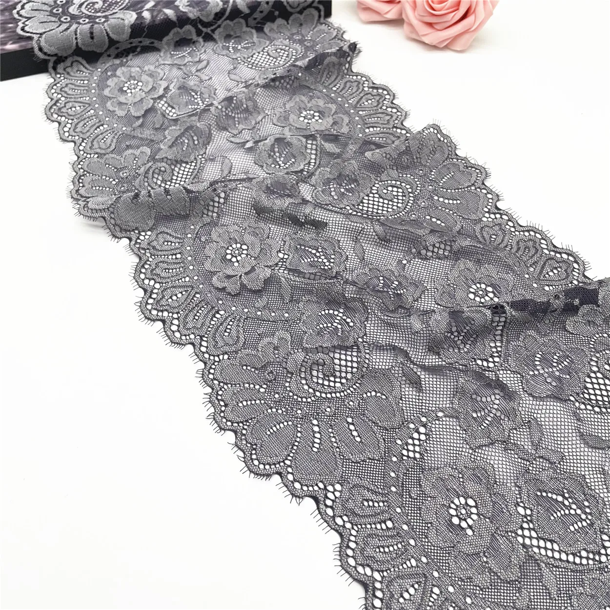 3y/Lot Width 9 inch(23 cm) Dark Grey Elastic Eyelash Lace Trim 6