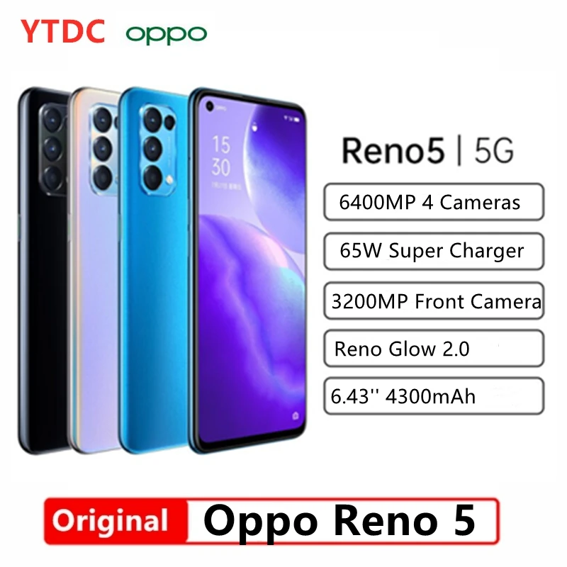 Original OPPO Reno 5 5G Cell Phone 6.43inch OLED Snapdragon 765G 64.0MP Camera Android 11 OS 65W SuperVOOC 4300Mah 8gb ddr4