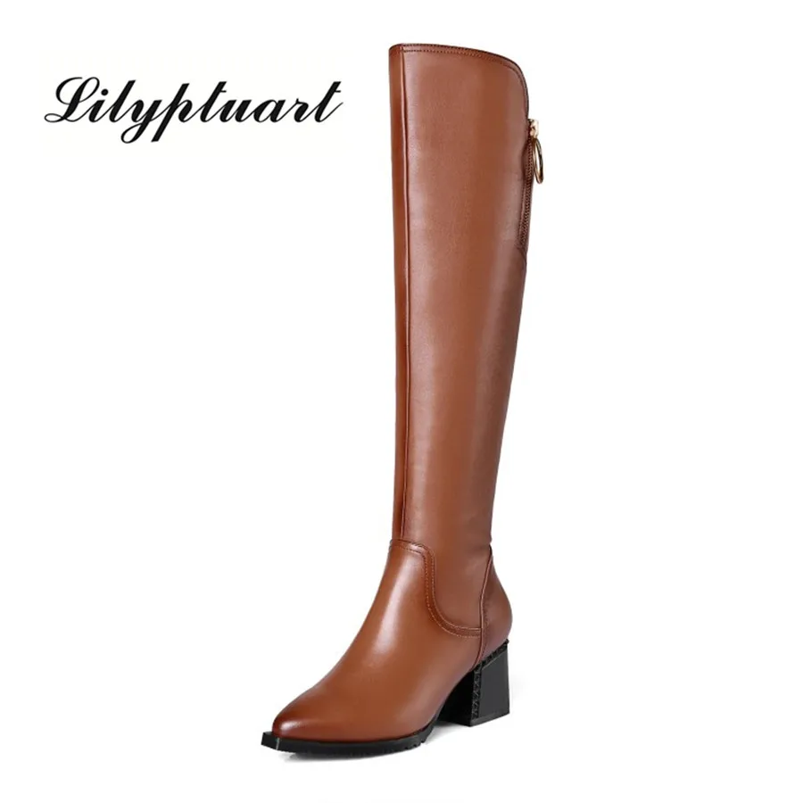 

British style cowhide material zippered decorative boots pointed thick high heel side zipper rubber soles winter boots women