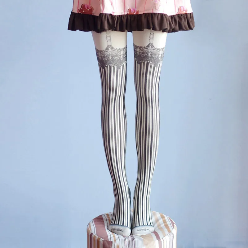 

Japanese-style Sweet Gothic-Style Stripes Silk Stockings Lolita Punk Patyhose Students Fake Camisole Lace Printing Socks