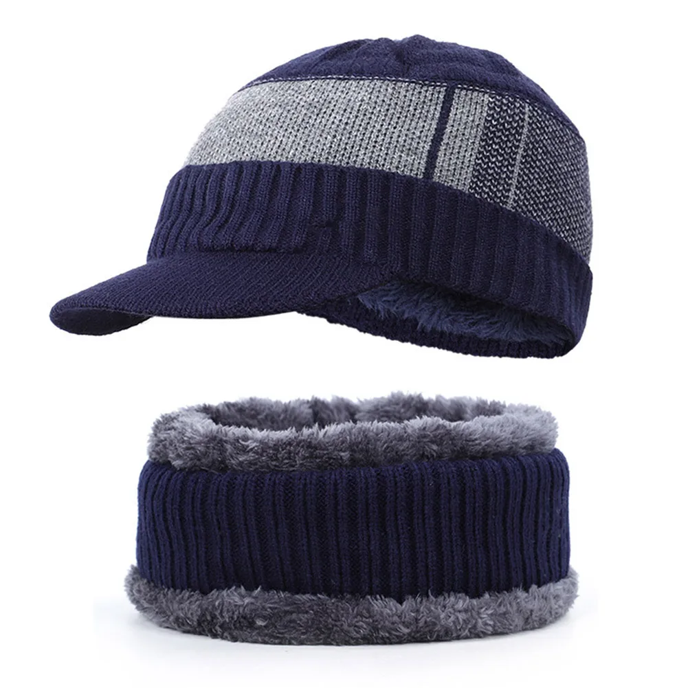 Новинка, Мужская зимняя теплая шапка, вязаная шапка с флисовой подкладкой, мягкая дышащая шапка с петлями для шарфа XD88 - Цвет: Navy hat and scarf