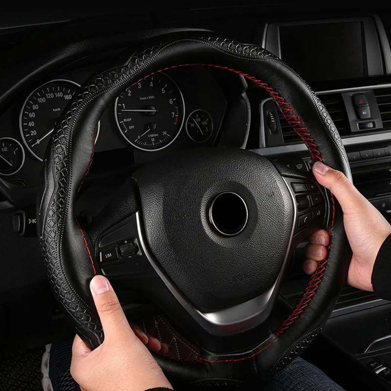 Car DIY Steering Wheel Cover Genuine Leather Non-Slip Needle Thread 40cm 16''