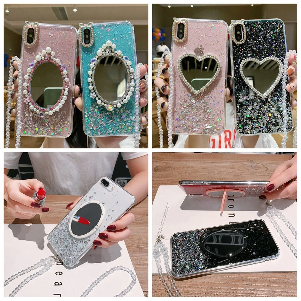 

Makeup Mirror Phone Case For Xiaomi Mi 8 Lite 8SE Coque Glitter Drill Mi 9 6 6X Mi A2 Cases Redmi K20 Pro Silver Foil Cover Capa