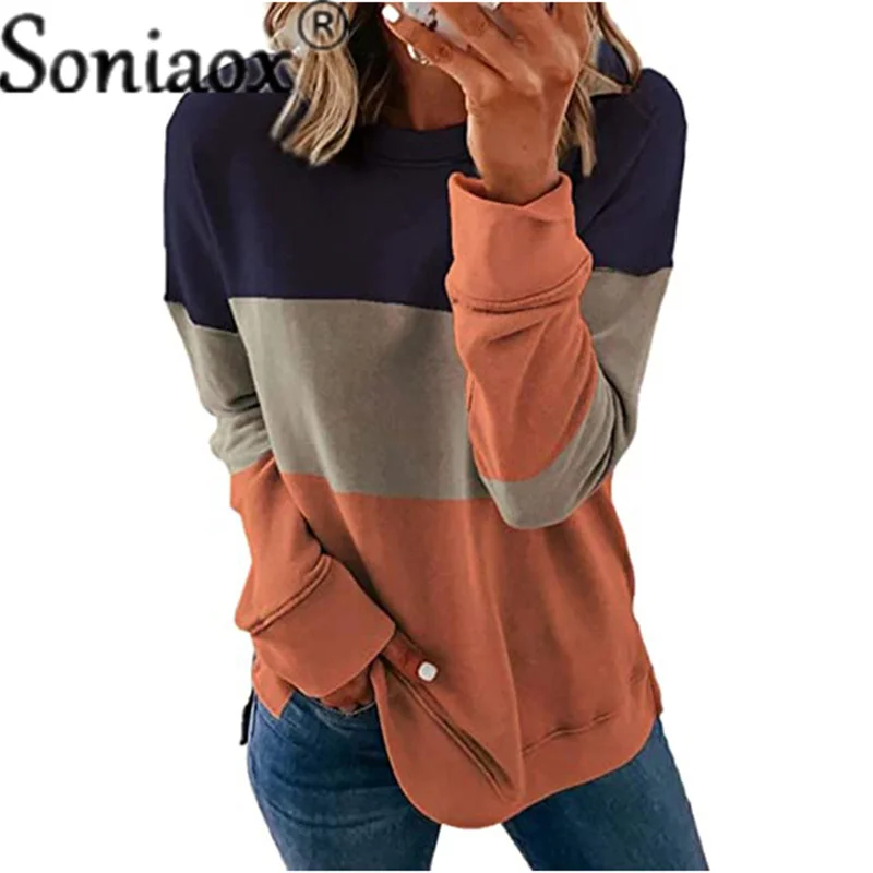 Stripe Print Sweatshirts Women Long Sleeve Top 2021 Autumn New Sweatshirt Casual Female Loose Color Contrast Hoodies Pullover