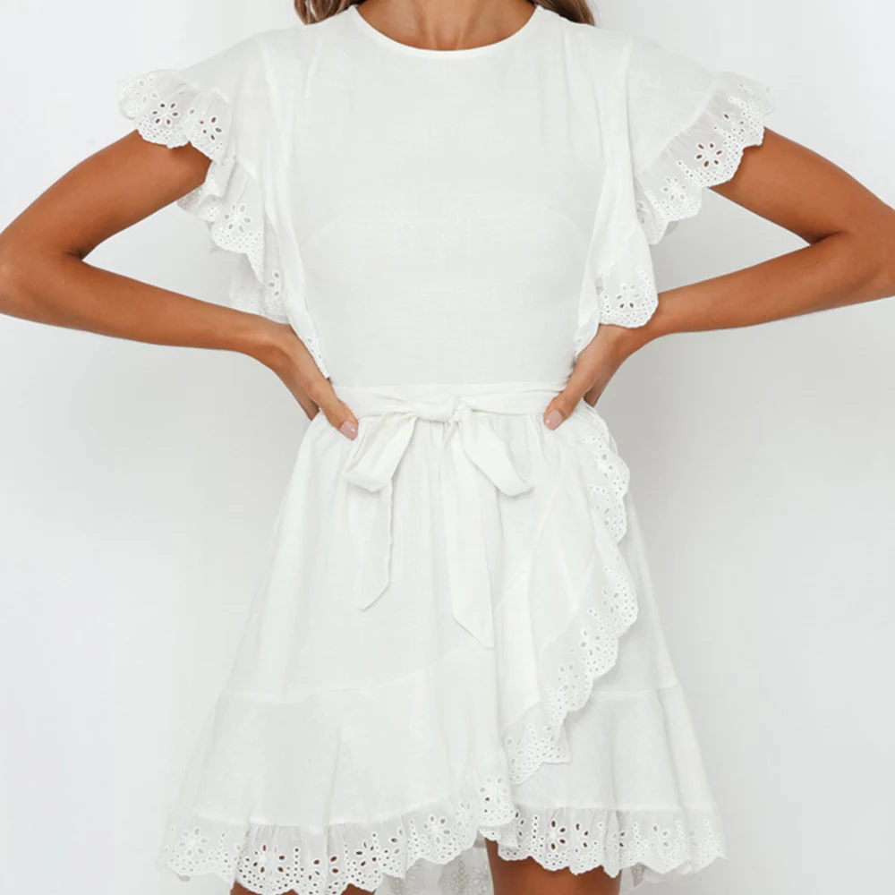 

Women Dress Summer Round Neck Short Sleeve A Line Dress Sashes Ruffled Hollow Pleated Lace-Up Mini Dresses
