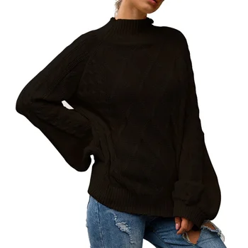 

New half-high collar pullover sweater autumn&winter stretch women knit sweater women's high-neck women's sweater lantern sleeve