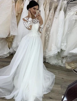 

Ruby Bridal White Tulle Long A-line Wedding Dress 2020 Long Sleeves Bridal Gown Lace-Up Back Custom Made vestido novia mariage