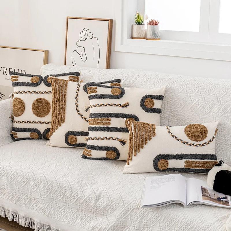 Boho Style Cushion Cover 45x45cm/30x50cm Cotton pillow cover Coffee Loop Tufted for Home decoration Netural Living Room Bedroom | Дом и сад