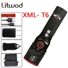 Litwod z201511 XML-T6 usb recarregável lanterna led zoomable 4 modos tocha para 18650 com cabo usb acampamento