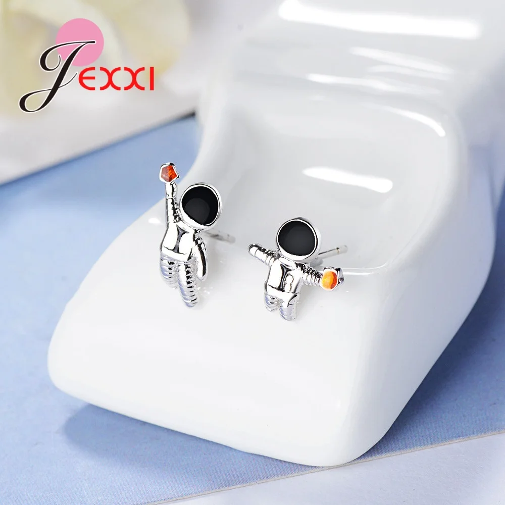 Fine Asymmetric Stud Earrings for Women Men Unisex Jewelry 925 Sterling Silver Enamel Spaceman Lovely Present Pendientes