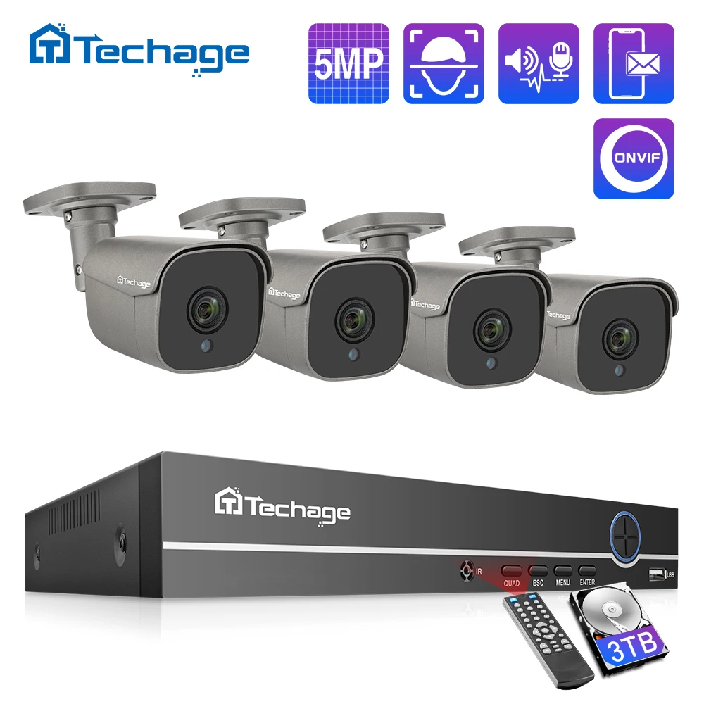 Techage H.265 4CH 5MP POE NVR комплект системы видеонаблюдения двухсторонняя аудио
