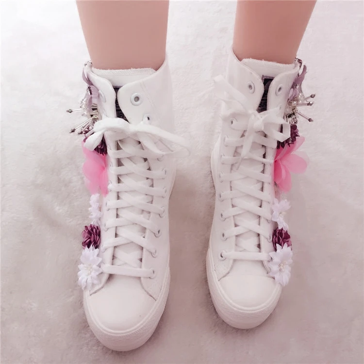 

Handmade 2018 high-quality color three-dimensional flowers thick bottom muffin bottom ladies canvas shoes vulcanized shoes
